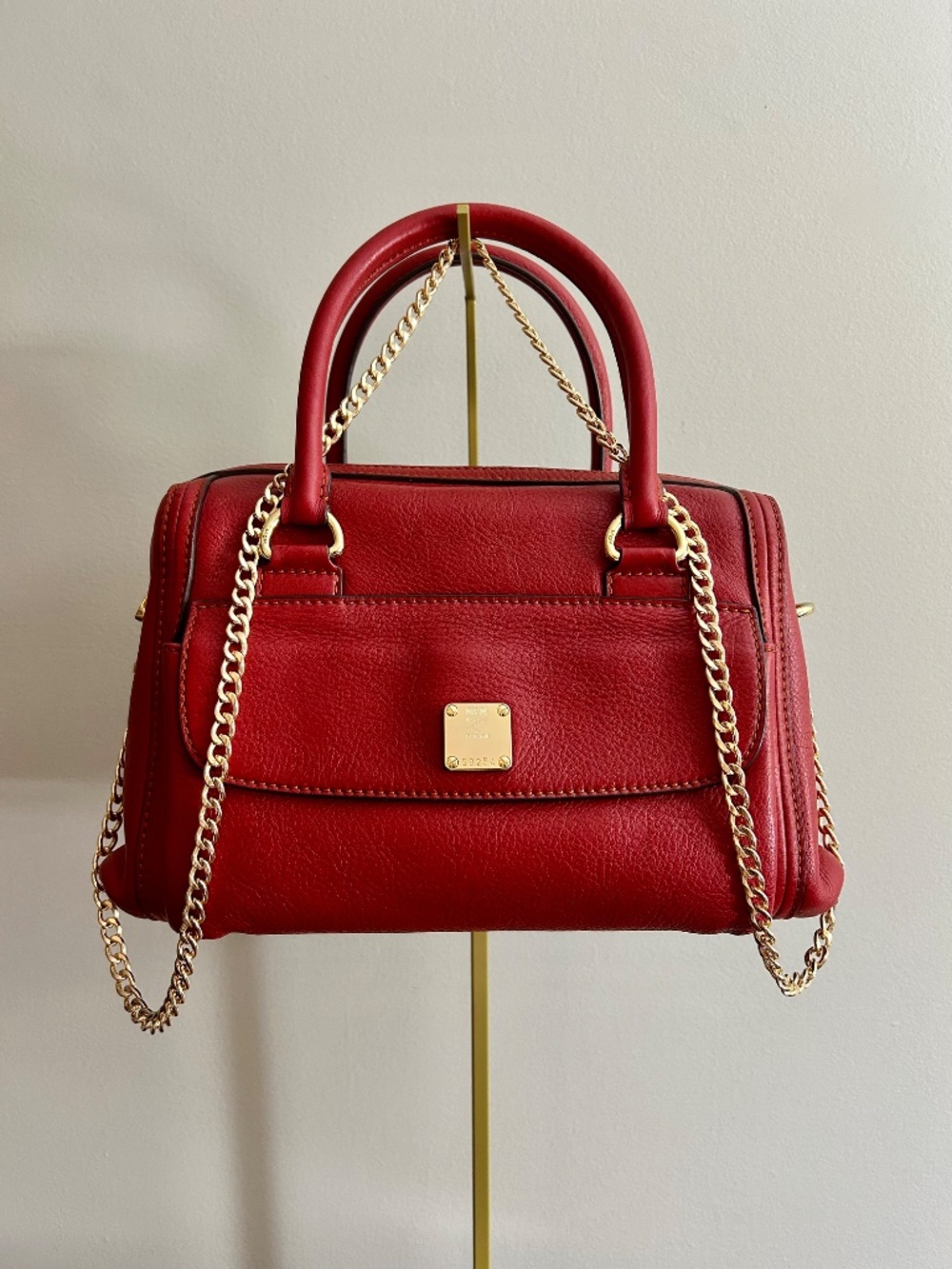 MCM Red Pebbled Leather 2-way Boston Bag